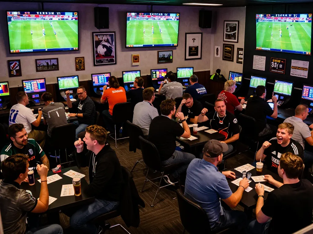 KQBD sports betting lounge filled with fans cheering and engaging during football games