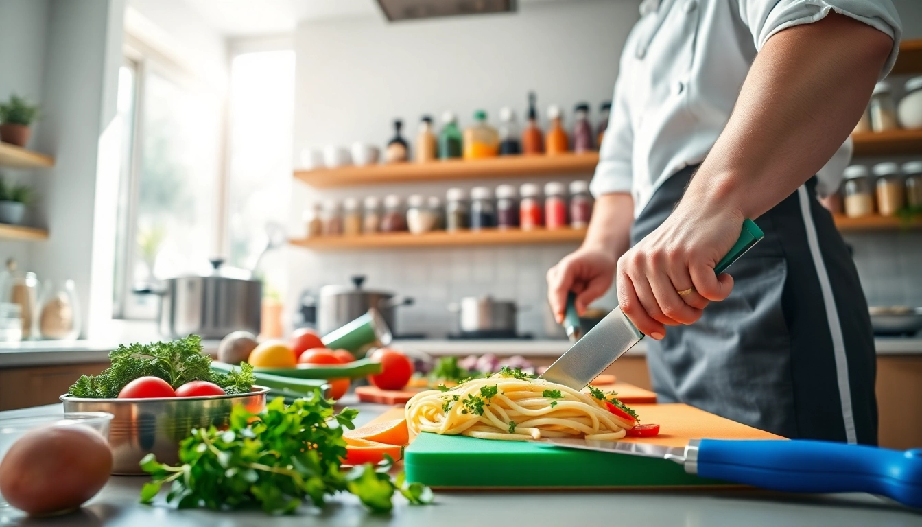 Prepare delicious meals with dishfacts in a vibrant kitchen, showcasing fresh ingredients and cookware.