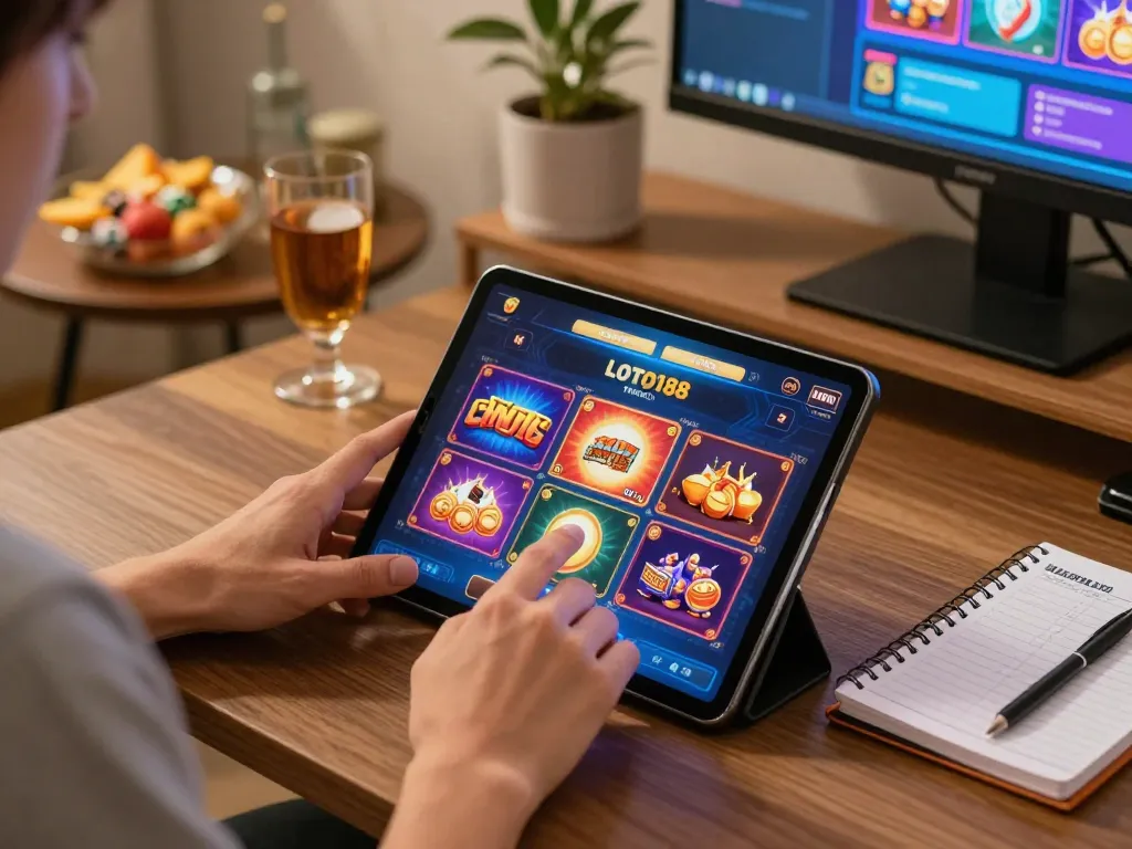 Engaged player enjoying LOTO188 TRANG CHỦ online gaming experience with tablet and cozy home setup