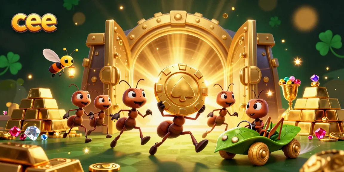 Cee showcases a thrilling heist scene with animated ants, a grasshopper driver, and glowing treasures in a vibrant casino.