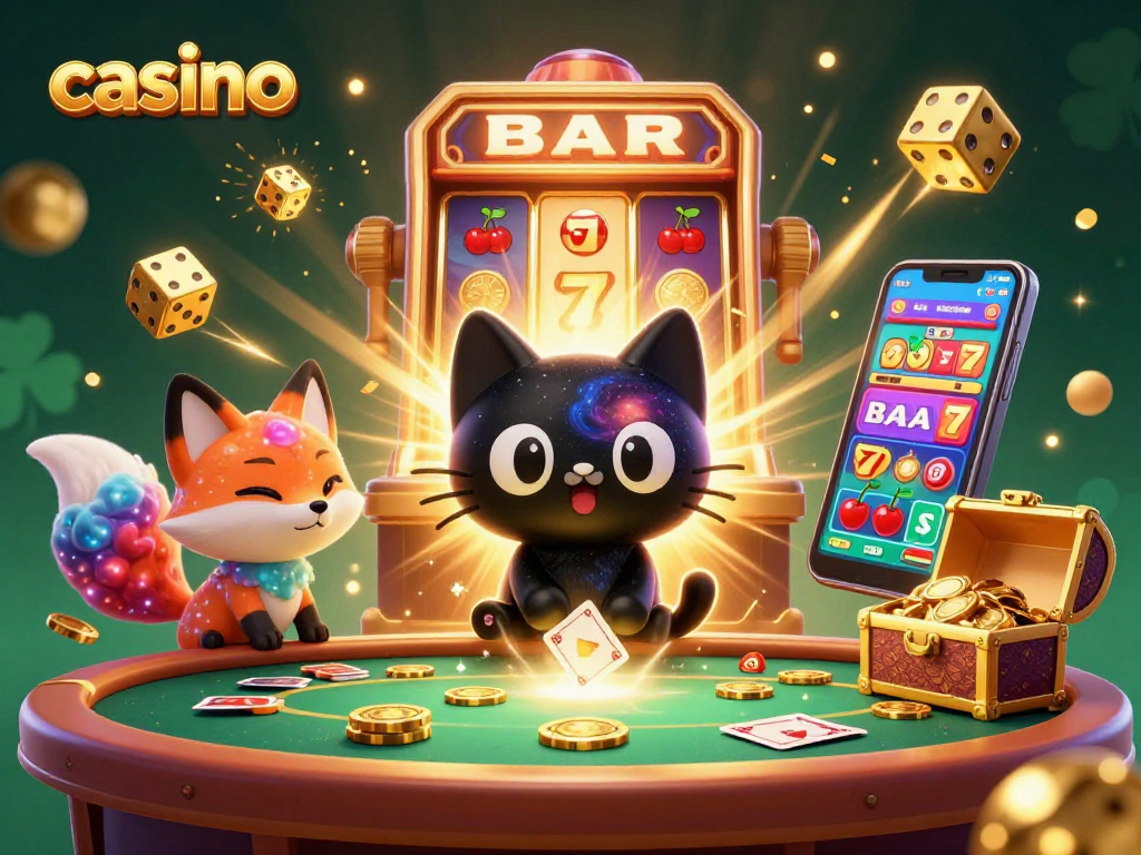 Experience the thrill of a vibrant casino with a cosmic black hole cat and a nebula fox in action.