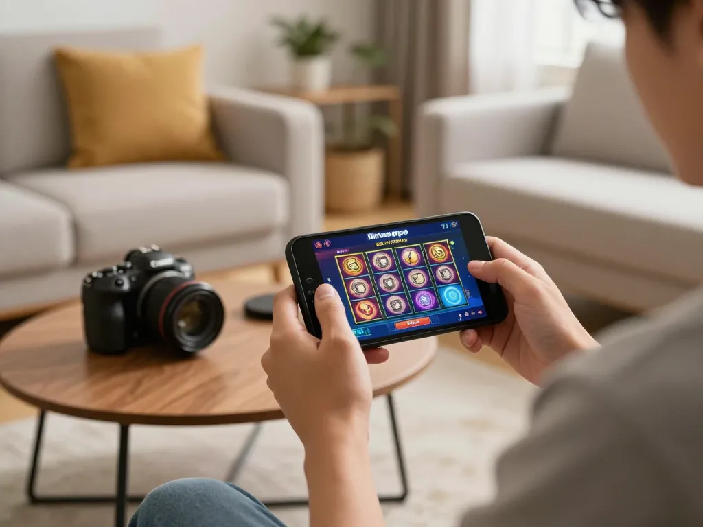 Pemain Bintangmpo terlibat dengan permainan slot mobile di lingkungan rumah yang nyaman, menunjukkan permainan yang bertanggung jawab.