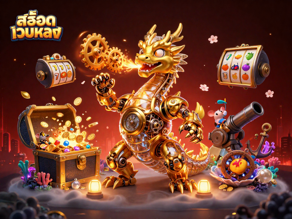 Experience the excitement of สล็อตเว็บตรง with a golden dragon and dynamic gaming elements in a vibrant casino scene.