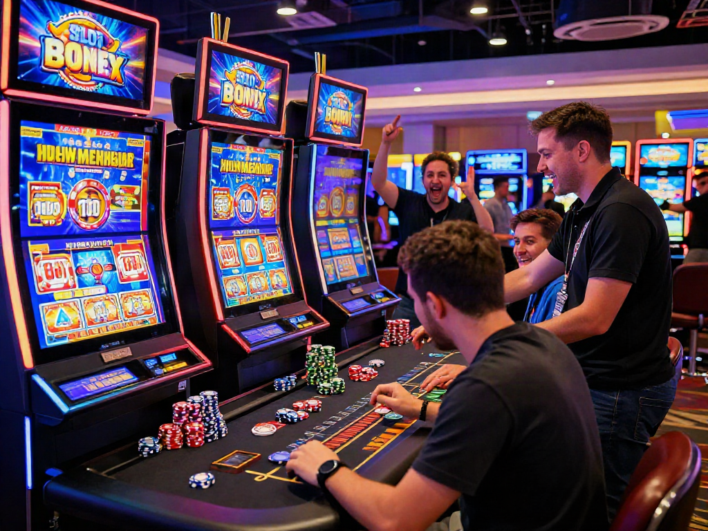 Exciting atmosphere of a casino with players enjoying slot games, featuring the enticing slot bonus new member 100.