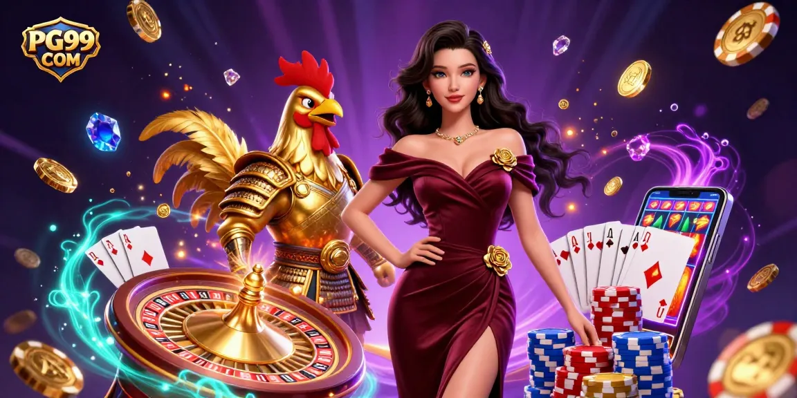 Engage with PG99 COM through a vibrant casino scene featuring glamorous characters, jackpot symbols, and dynamic game elements.