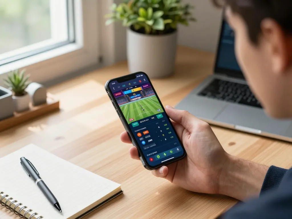 Person checking betting odds on mobile app for NK88.com sports events in cozy home setting.