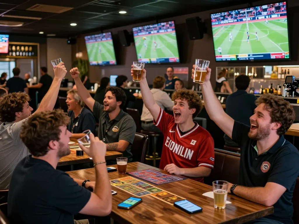 Excited patrons at an OKWIN TV sports bar, cheering during a live game with betting slips visible