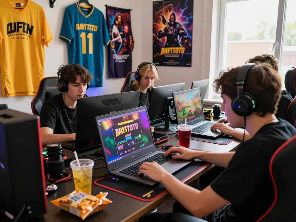 Player engaged in BAYITOTO online slot game login in a colorful gaming setup with branded merchandise and accessories.