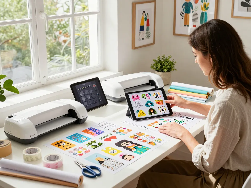 Designer selecting Cricut SVG bundle designs in a vibrant craft studio filled with creative tools.