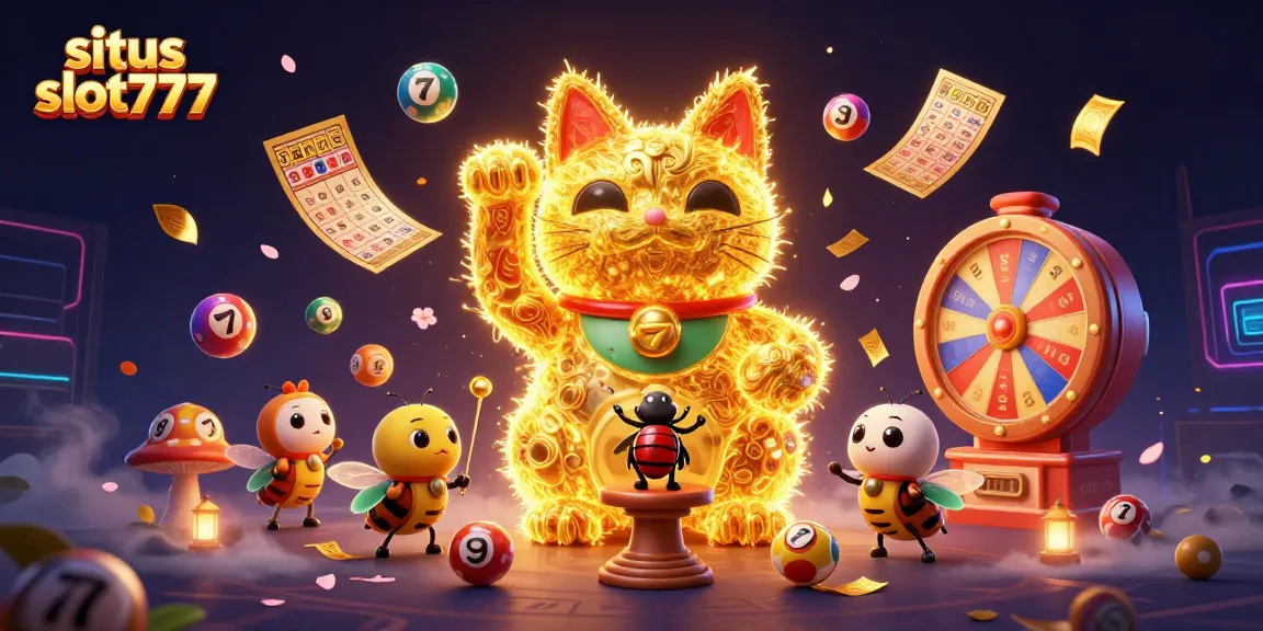 Experience big wins at situs slot777 with a vibrant 3D illustration showcasing dynamic casino symbols.