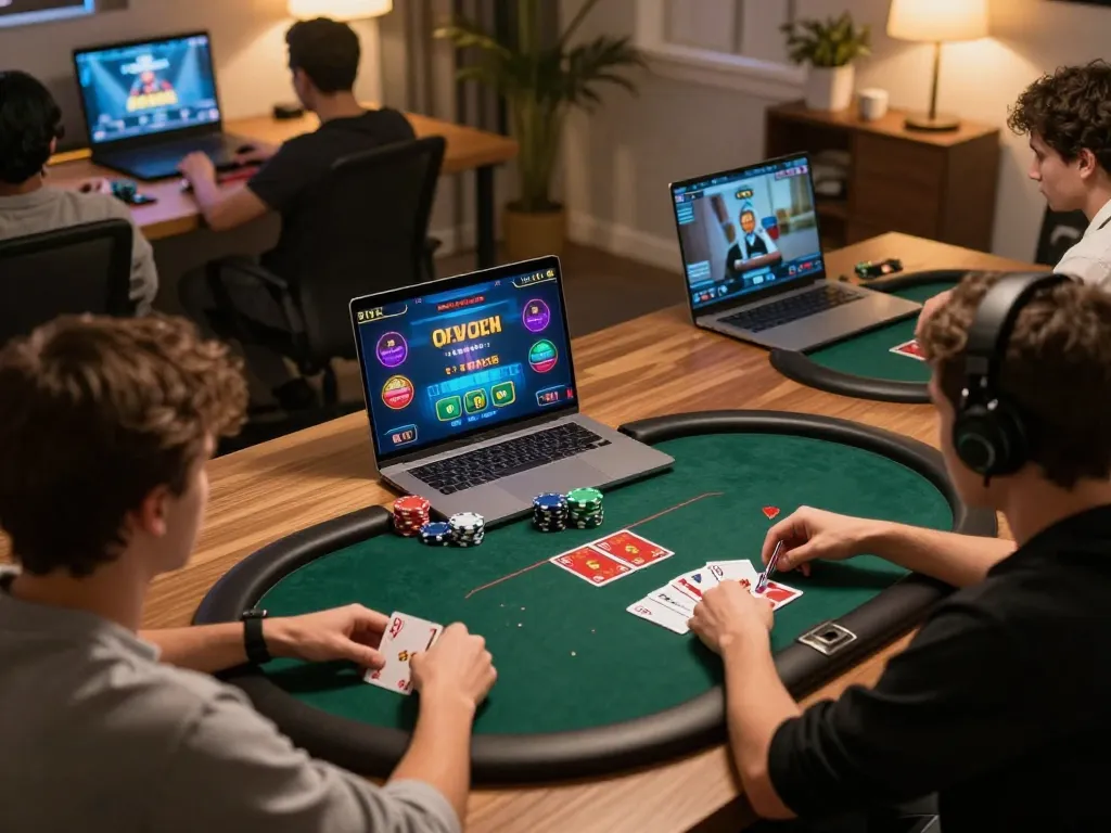 Players engaging in an online poker game with vsbet, showcasing virtual cards and colorful betting options.