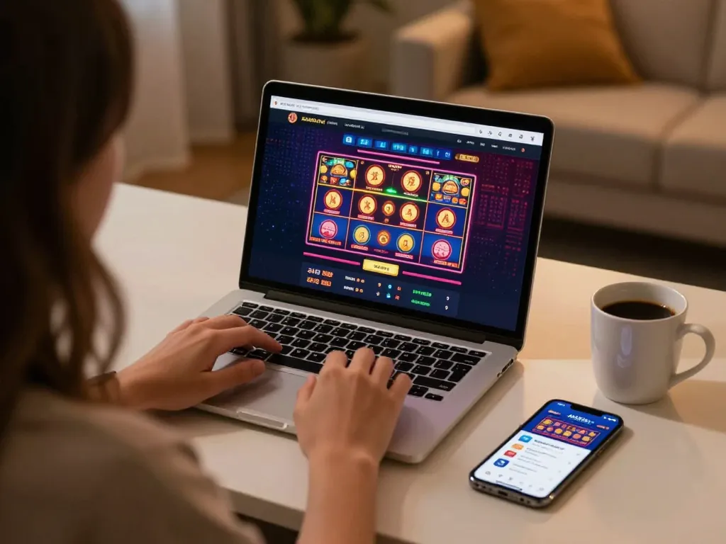 AUDPlay168 user engaging in online pokies gameplay on a laptop in a cozy home office setting.
