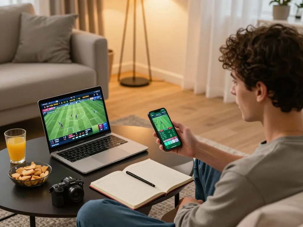 Online sports betting session at home with uu88ae app on smartphone showing betting lines and match details.