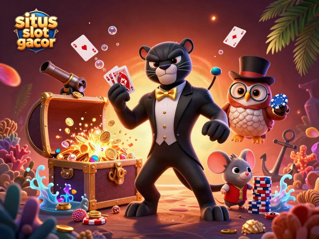 Situs slot gacor menawarkan peluang menang melalui kartu yang dibagikan oleh panther tuxedo dalam ilustrasi menarik.