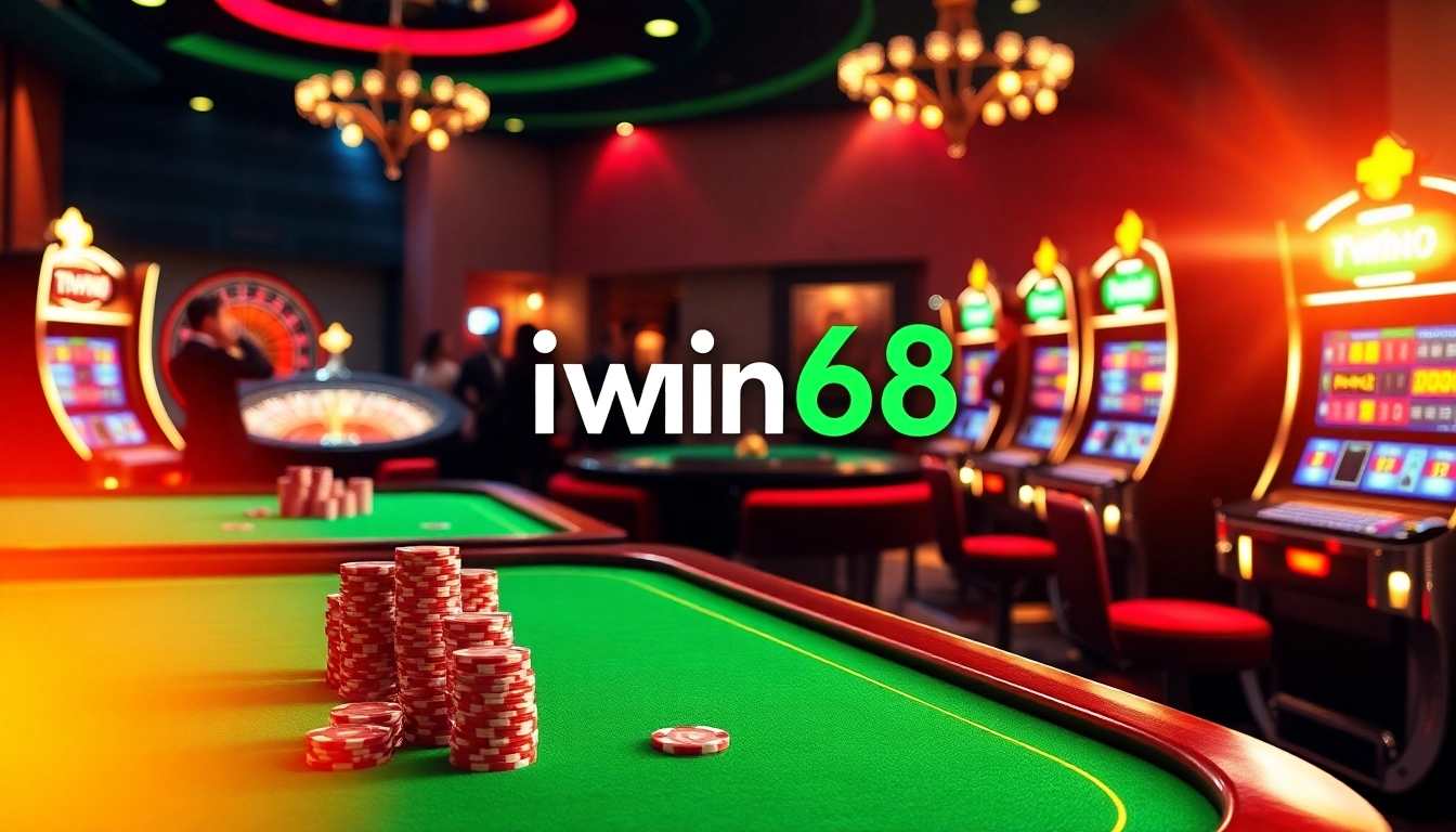 Experience the excitement of gambling at Iwin68 with luxurious casino visuals highlighting vibrant slot machines and poker tables.