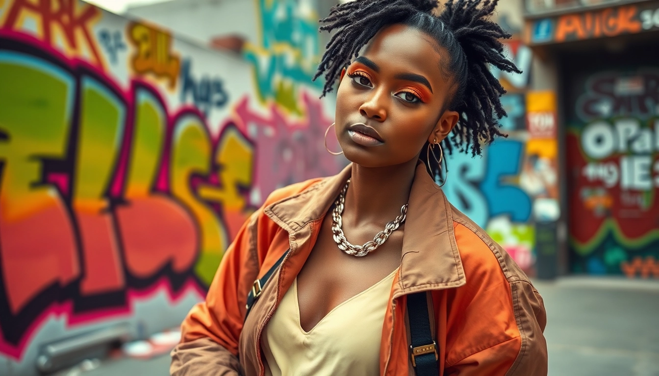 Fashion model showcasing vibrant urban style against graffiti backdrop.