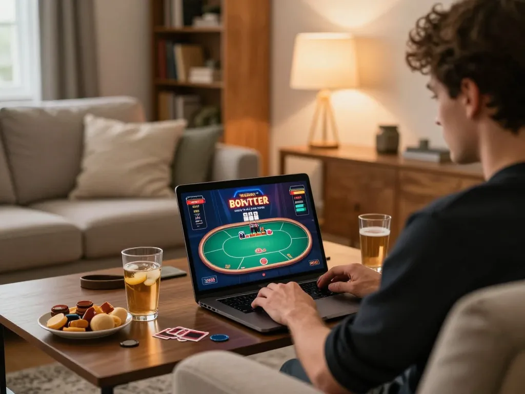 Engaging scene of a player enjoying manclub online poker game on a cozy sofa with strategy notes.