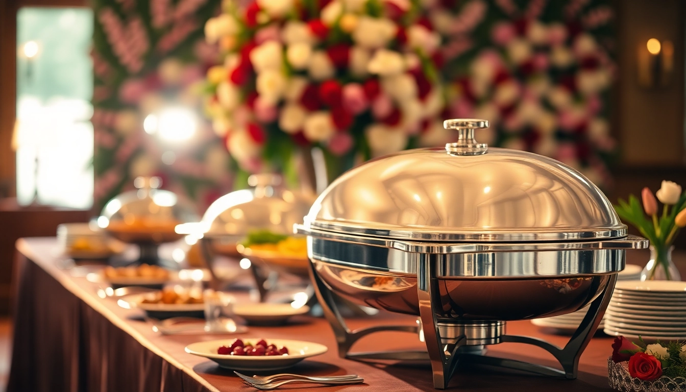 Set up a chafing dish on a buffet table adorned with flowers and warm lighting.