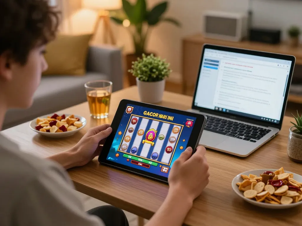 Engaging with a slot gacor hari ini game on a tablet in a cozy living room, capturing focused gaming moments.