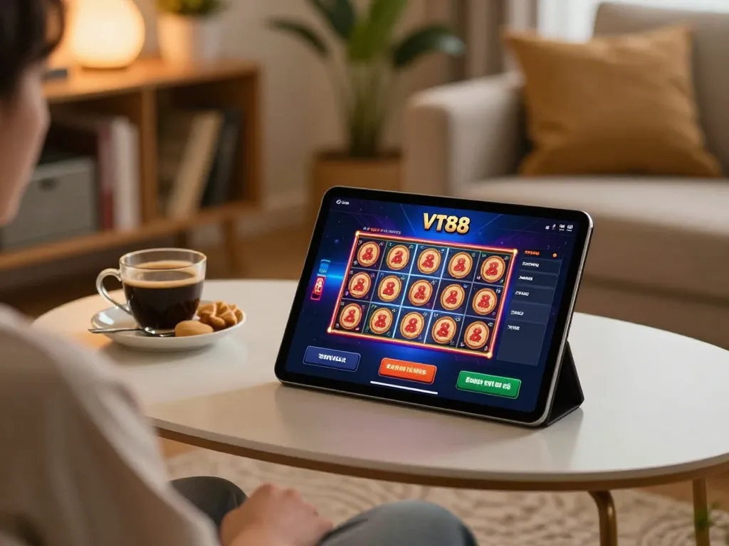 Experience VT88 online gaming with a tablet showcasing vibrant slots and dynamic gameplay