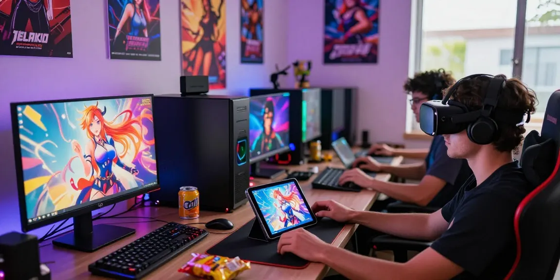 Enthusiastic gamers exploring various hentai games on mobile and PC in vivid gaming setup.