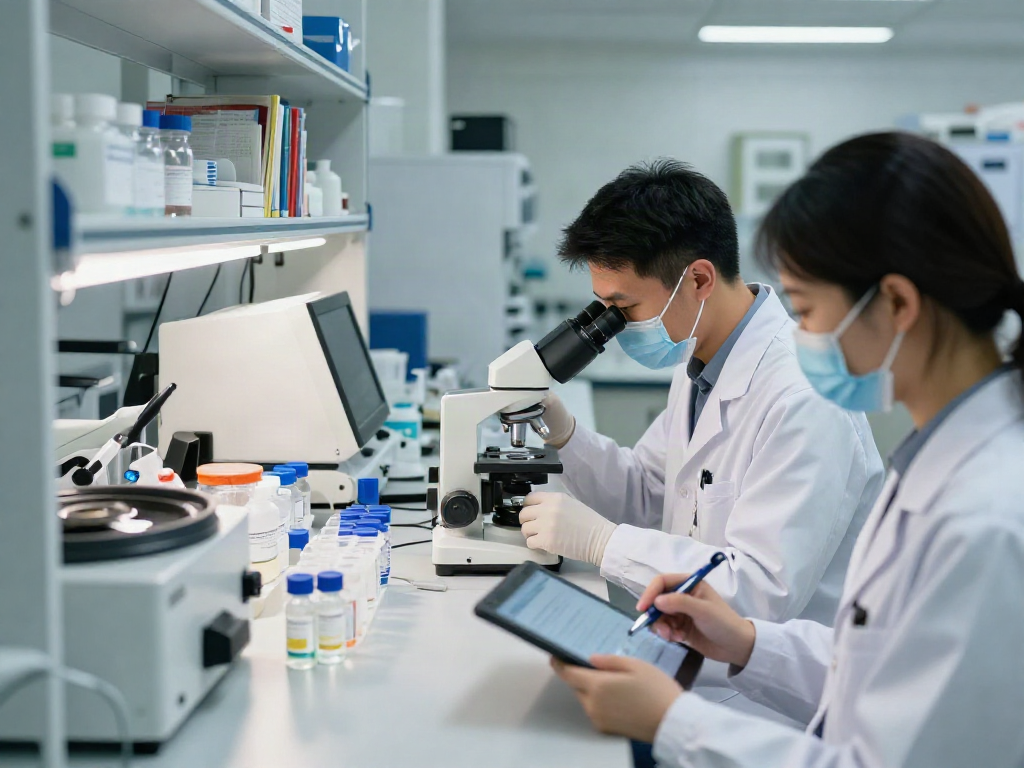 High-purity research peptides being analyzed in a modern lab setting with researchers at work.
