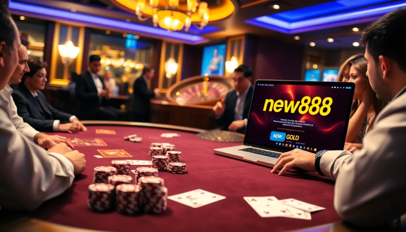 Engage with new88.gold at a lively poker table, featuring vibrant chips and an inviting ambiance.