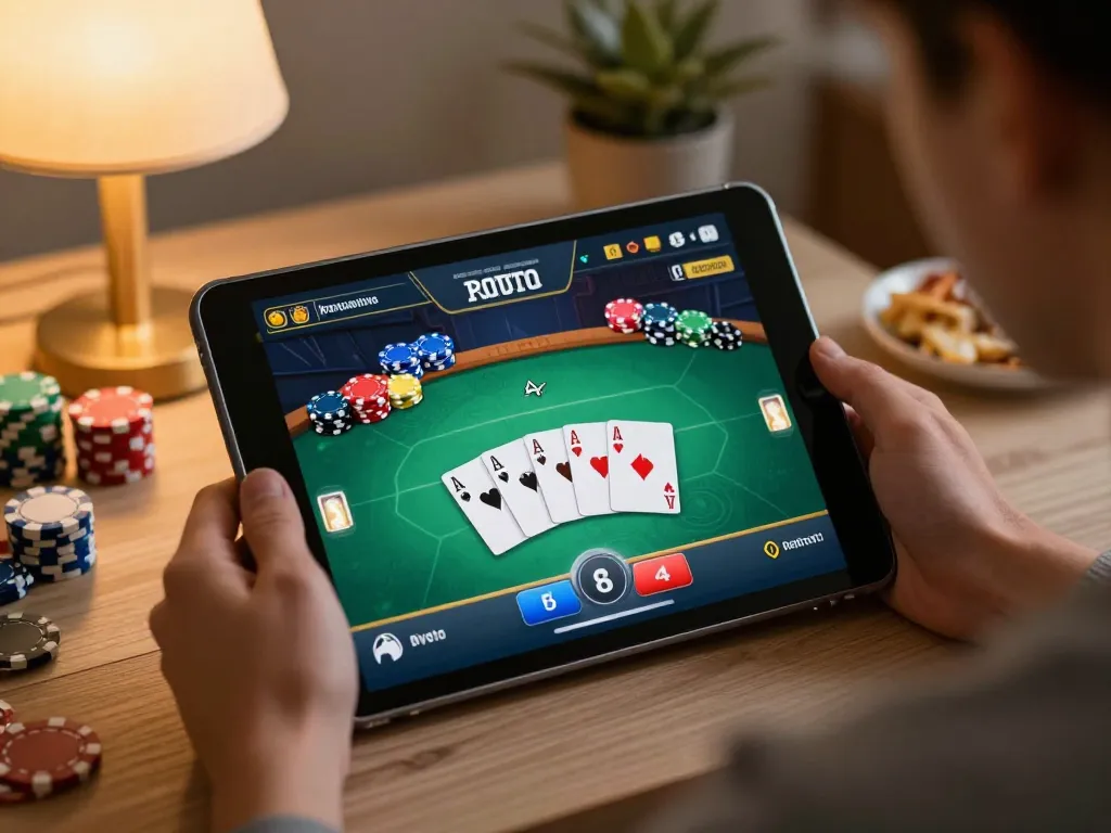 Person playing an online tg88 poker game on a tablet in a cozy home setting