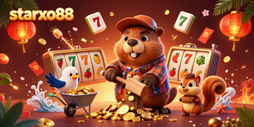 Experience starxo88 victorious slots action with colorful characters collecting coins in this lively illustration.