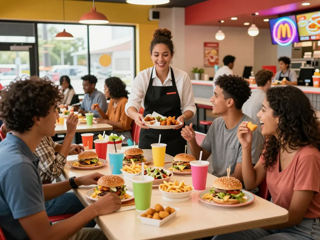 Friends sharing a fast food menu feast in a lively restaurant setting.