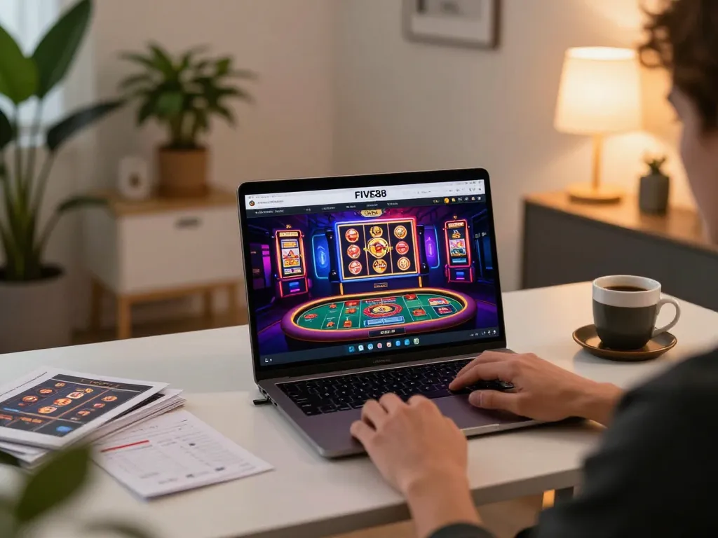 Engaging with online casino gaming on FIVE88 platform featuring vibrant graphics and cozy ambiance.