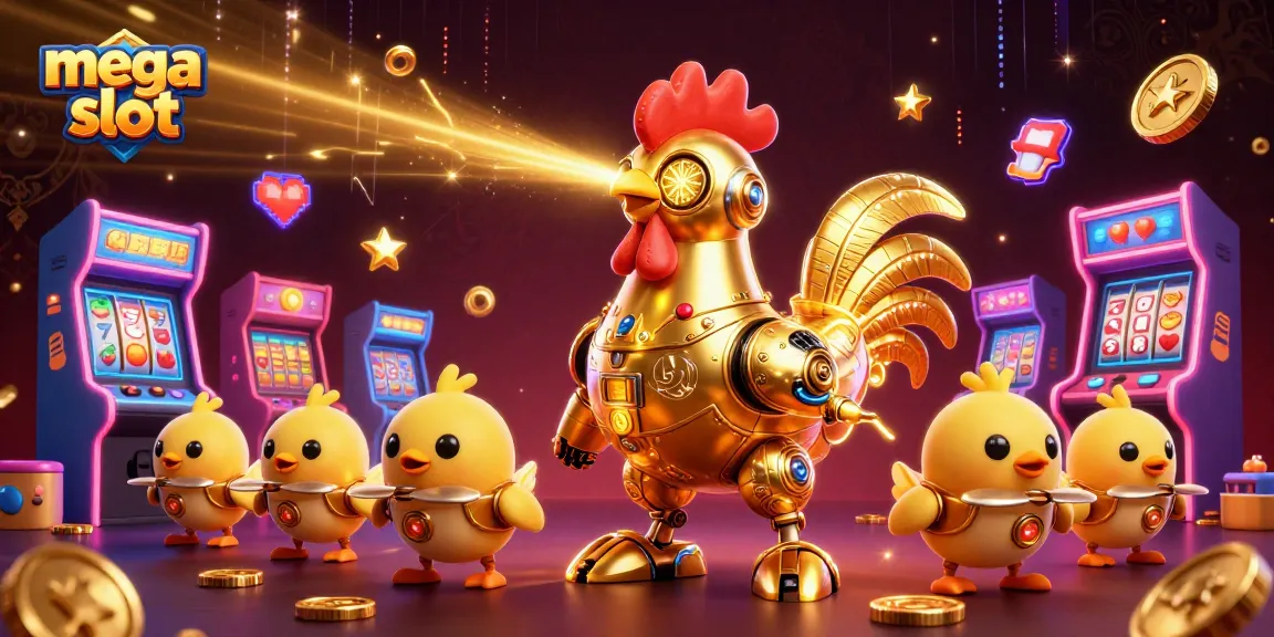 Mega slot dengan robot ayam emas futuristik beraksi melawan jackpot, simbol buah, dan mesin arcade di latar belakang.