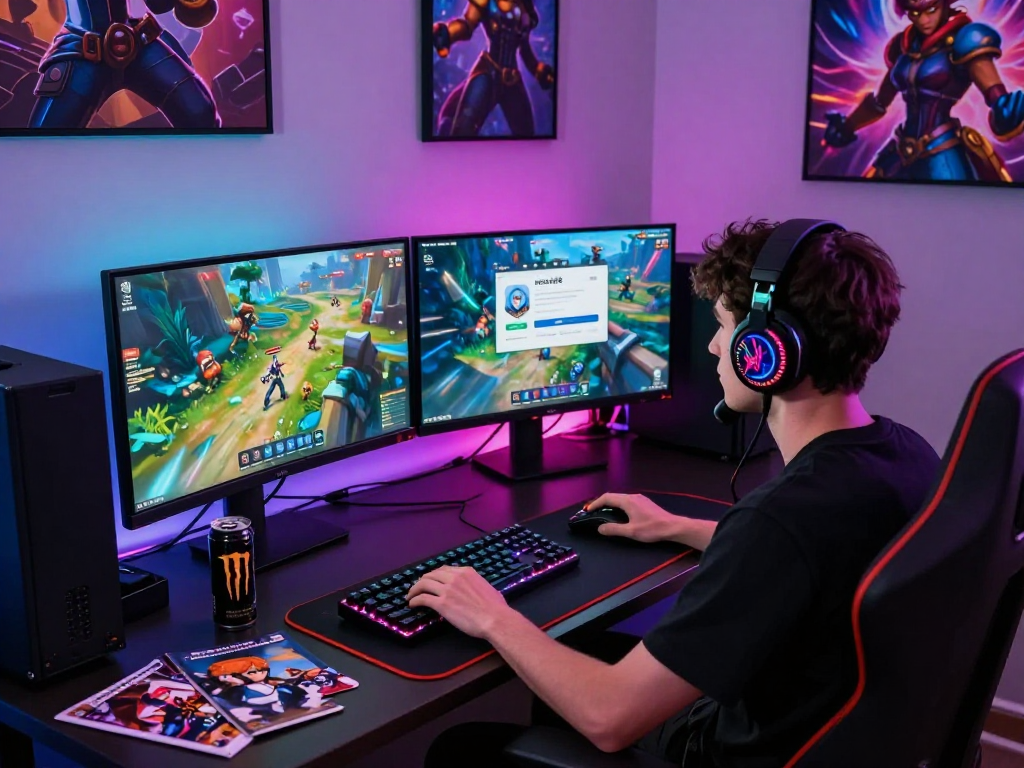 Engaged gamer using rokok88 login on dual monitors with dynamic game graphics.