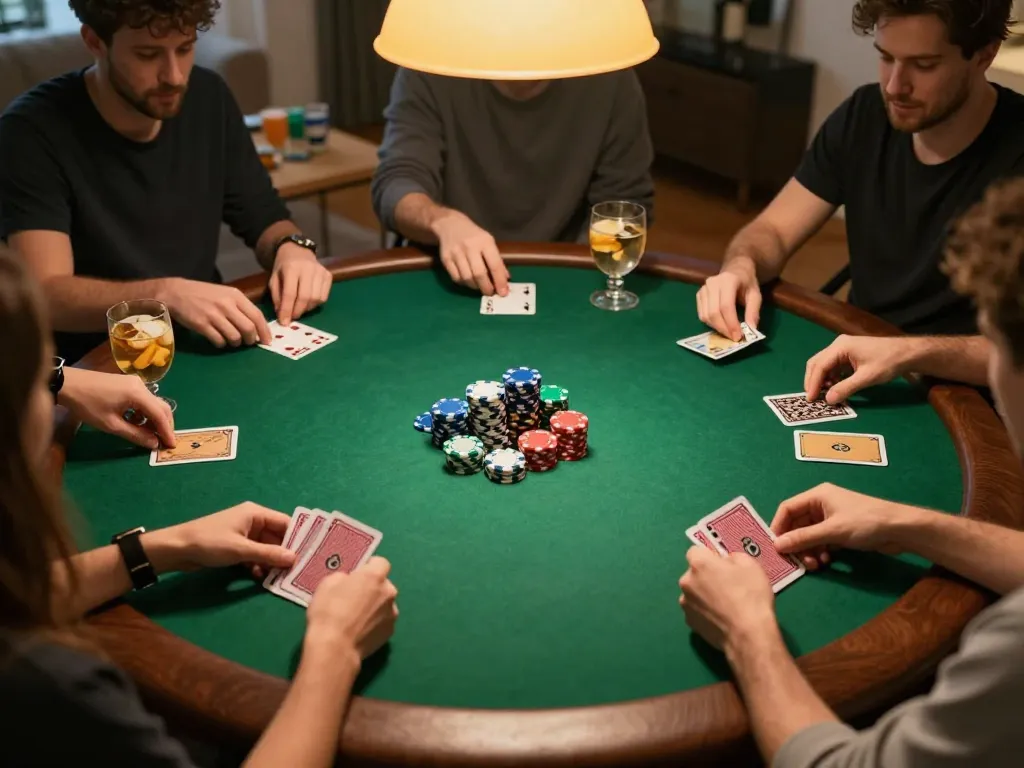 Players engage in a thrilling poker game at home, showcasing thabet strategy with colorful chips and cards.