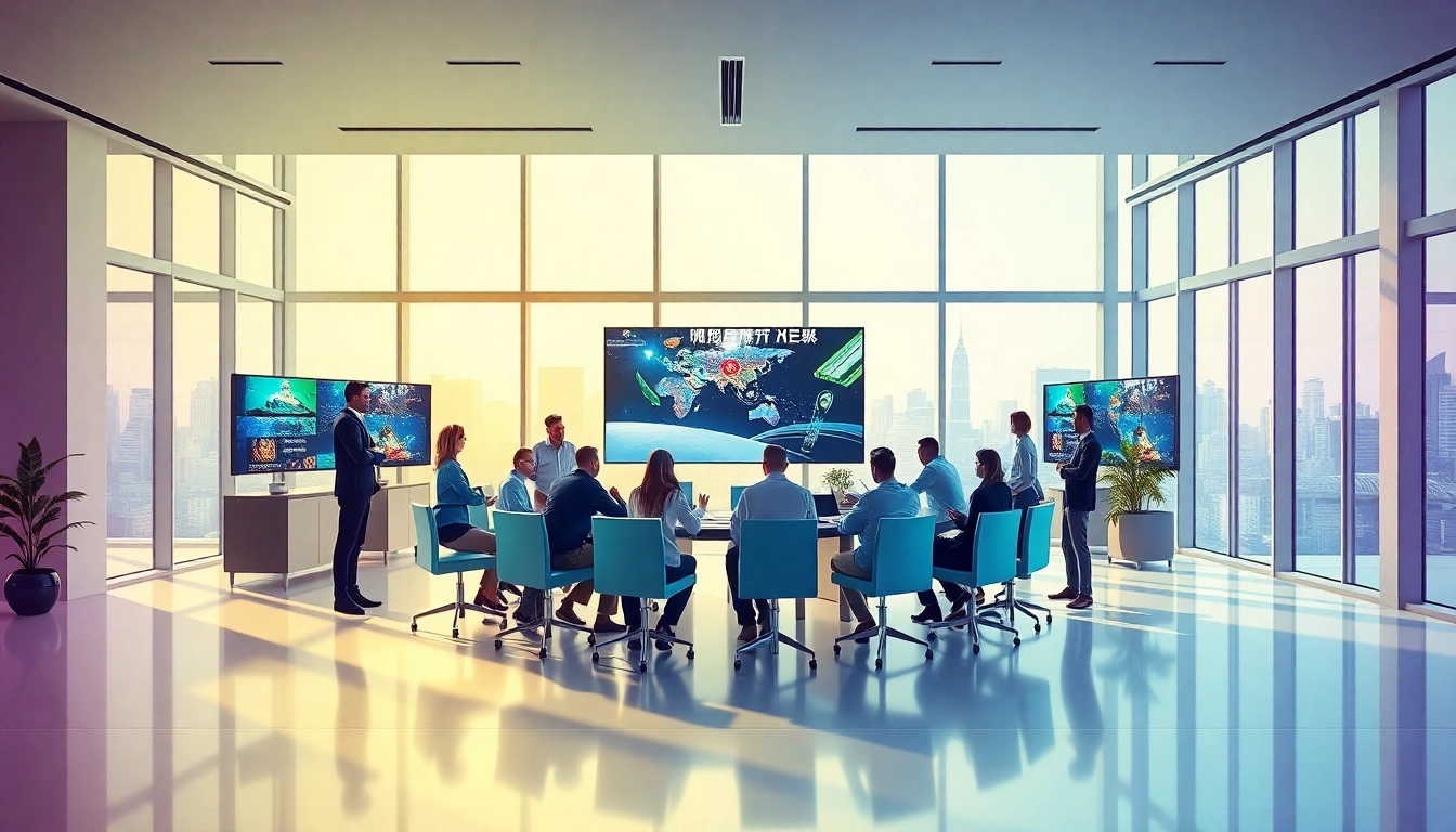 KJC365 professionals collaborating in a modern office, showcasing innovative entertainment projects.