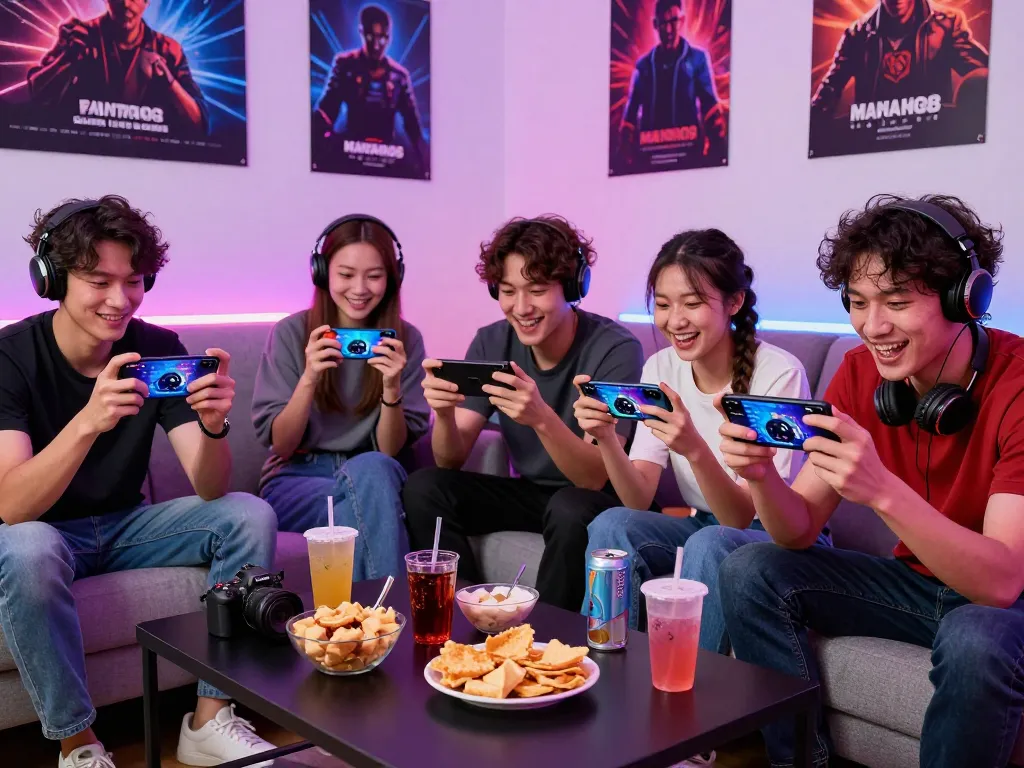 Excited players engaged with mantra88 mobile gaming interface, surrounded by snacks and colorful LED lights.