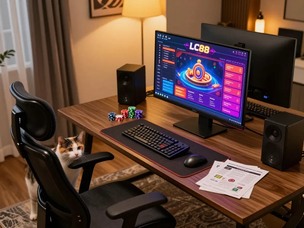 Player engaging on LC88 casino platform with vibrant online gaming setup