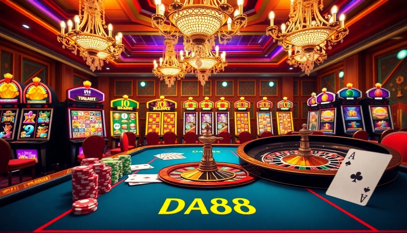 Engage in thrilling casino excitement with DA88 poker chips and a roulette wheel.