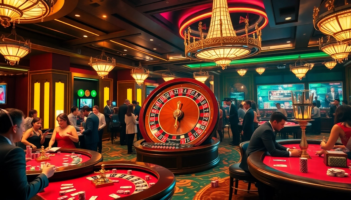 Atmosphère excitante de casino en ligne avec une roue de roulette et des joueurs élégants engagés dans le jeu.