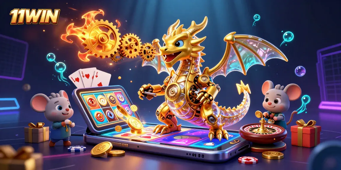 Experience the thrill of 11WIN with a vibrant 3D casino scene including a gold dragon and slot games.