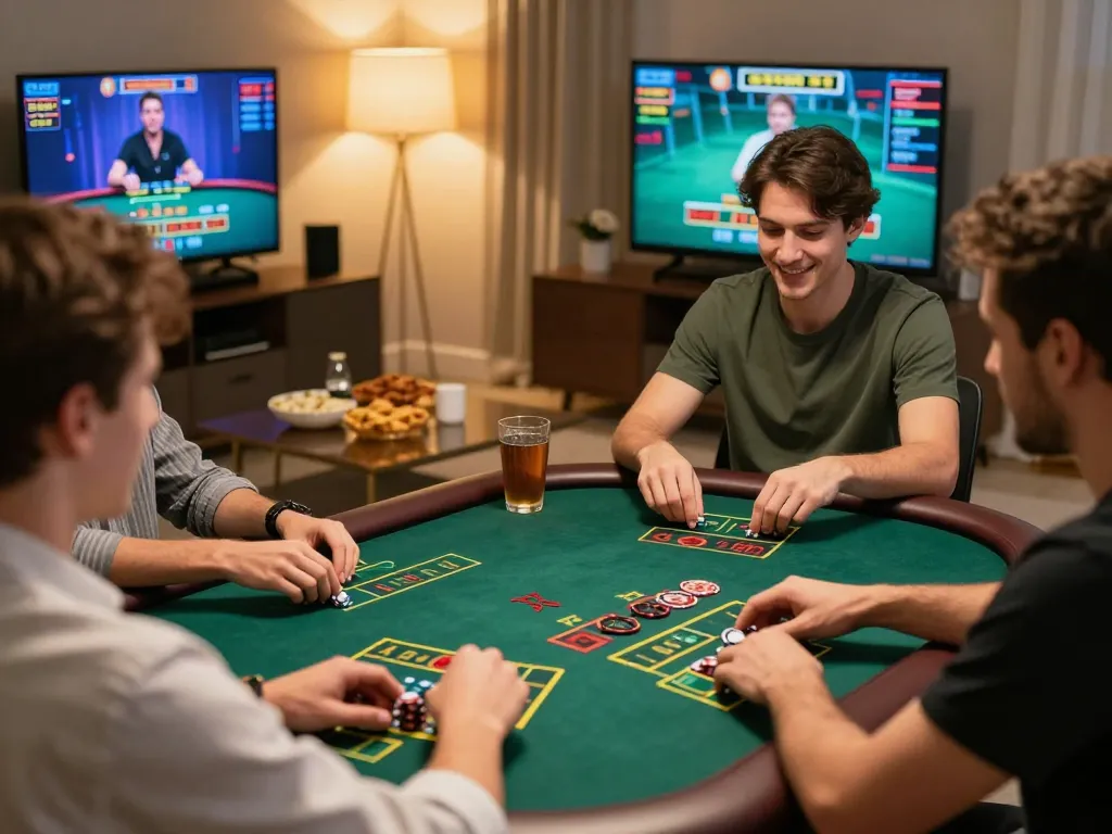 w188 players engaging in live dealer blackjack from home setup, showcasing excitement and interaction.