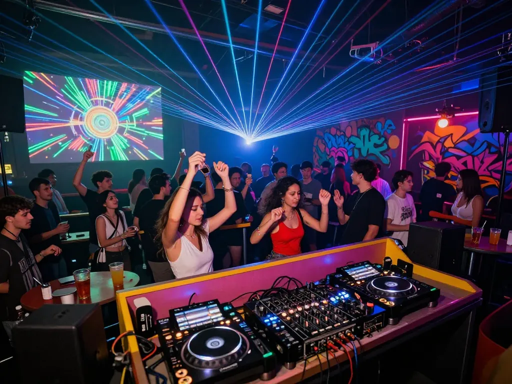 Exciting nightlife scene at a vibrant electronic music event showcasing 8Day DJ performance.