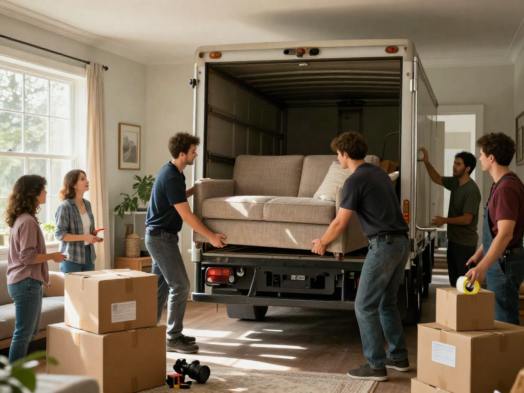 Professional movers packing a family's sofa during a home relocation, showcasing careful handling and organized packing.