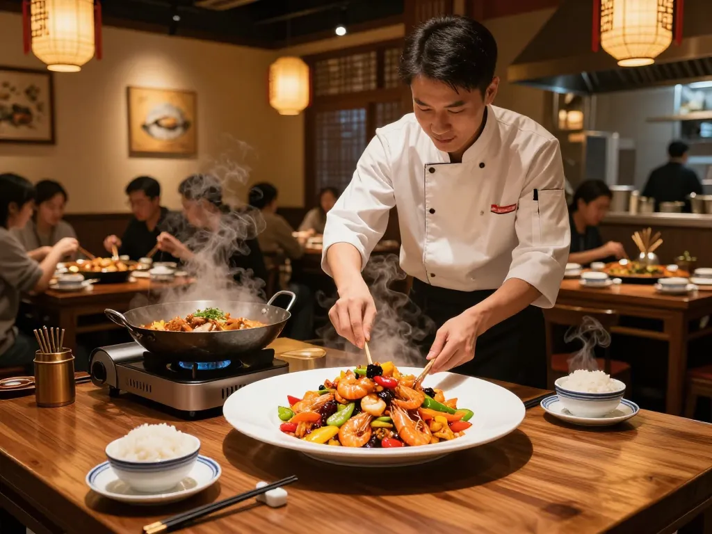 Delicious kung pao shrimp preparation at a cozy Chinese restaurant featuring 88Pulsa branding.