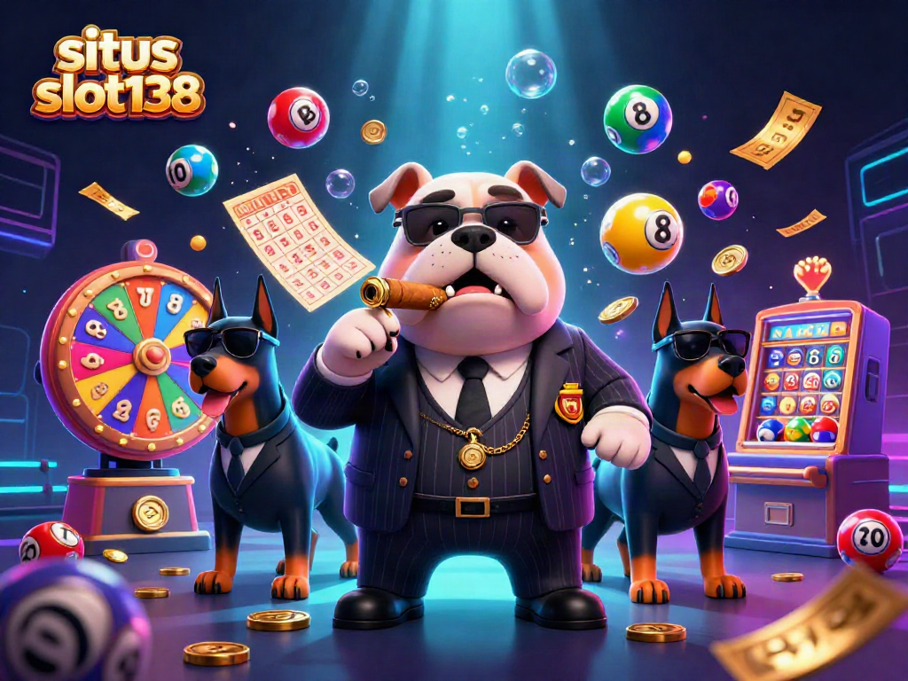 Engage in the exciting world of situs slot138 with a vibrant 3D illustration featuring a mafia boss bulldog and Doberman bodyguards among dynamic casino elements.
