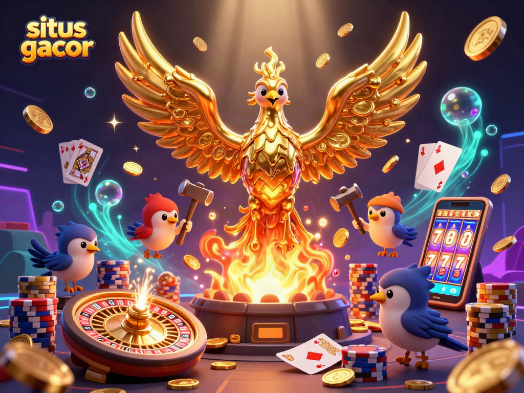 Situs gacor features a golden phoenix and sparrow assistants in a vibrant casino scene with luxurious elements.