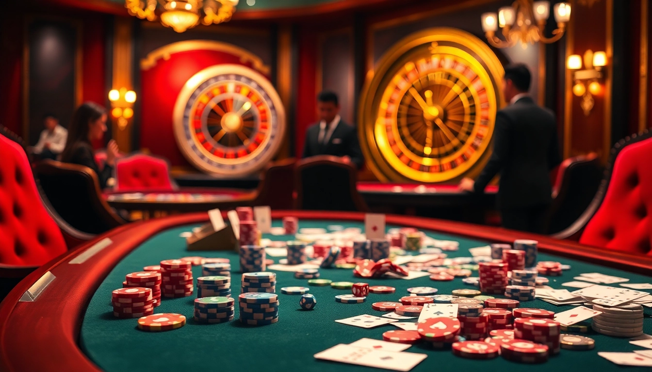 Experience thrilling gameplay at https://win678.ink/ with a lavish casino scene featuring poker chips and lively gamblers.