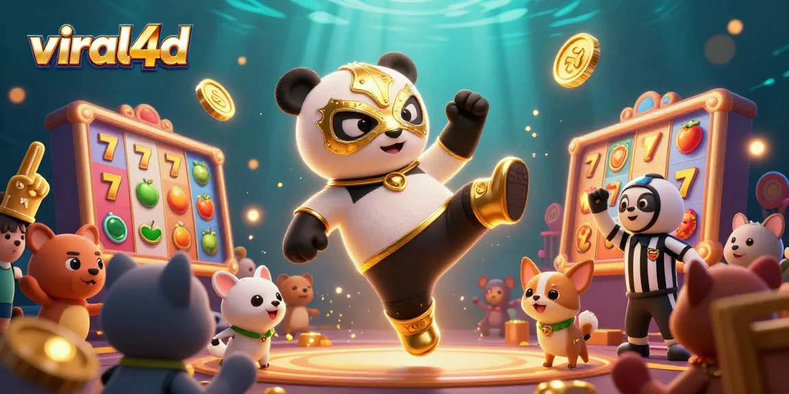 Engage with viral4d's dynamic casino scene featuring a flying panda wrestler amidst vibrant slot machines.