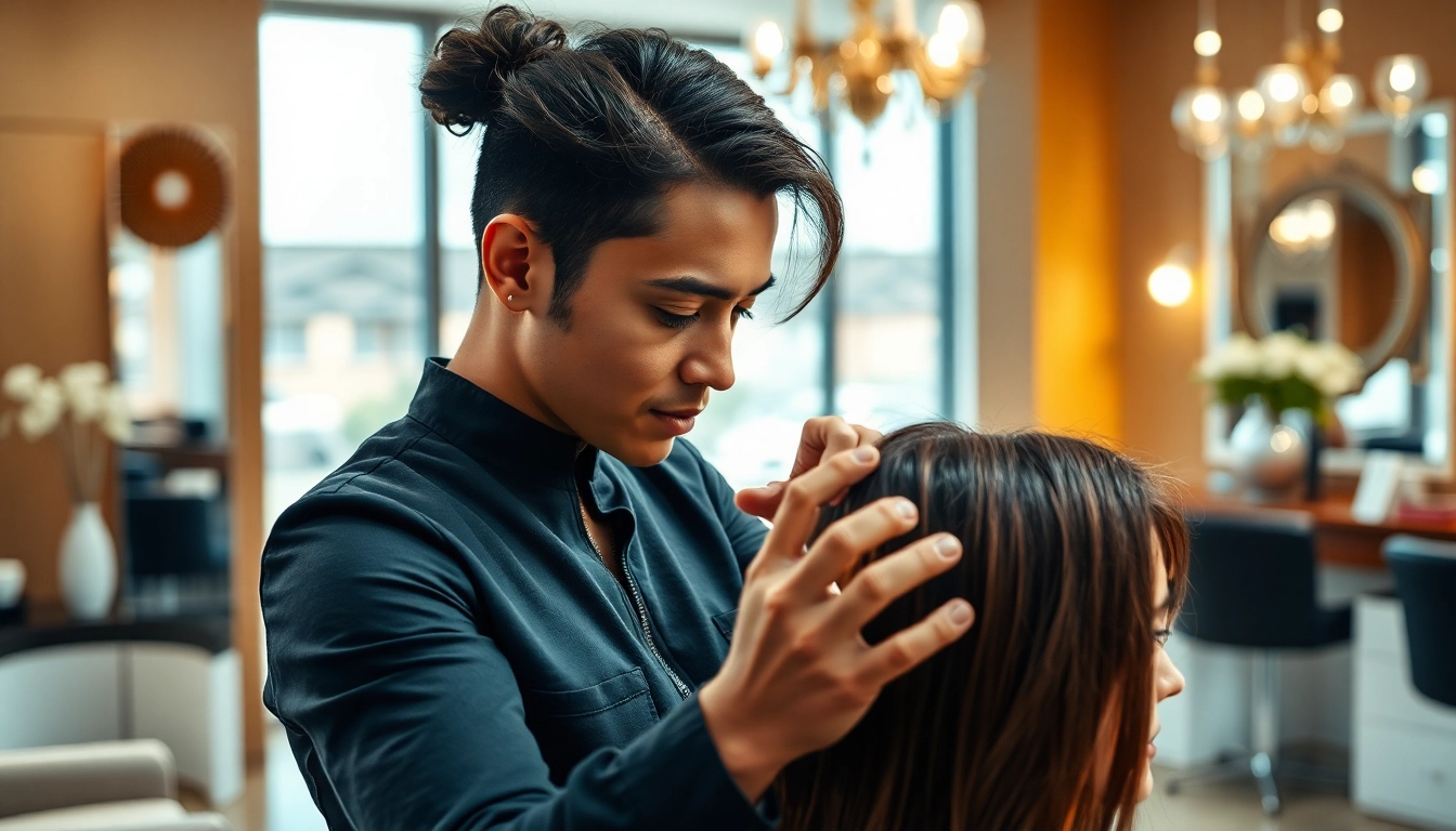 Ace of Fades 212 stylist expertly applying a custom hair system in a modern studio.