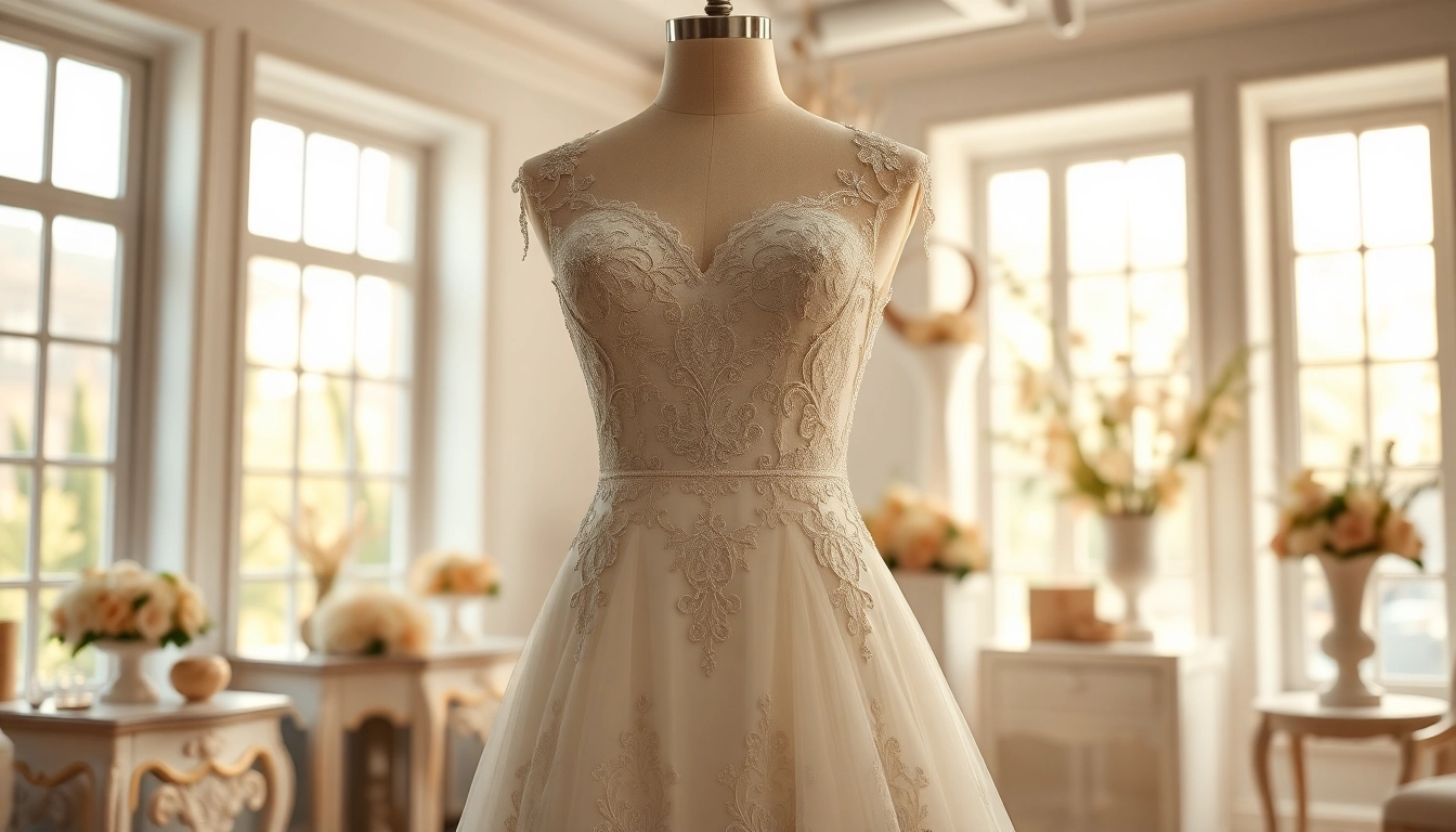Rebel Designerwear showcasing an exquisite bridal gown in a stylish boutique setting.